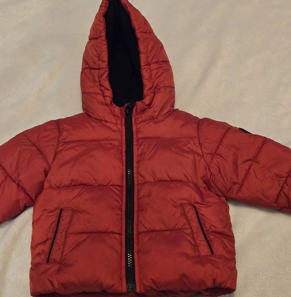 EUC Michael Kors Fleeced Lined Baby Boy Jacket 12M Red Black Warm Logo Puffer